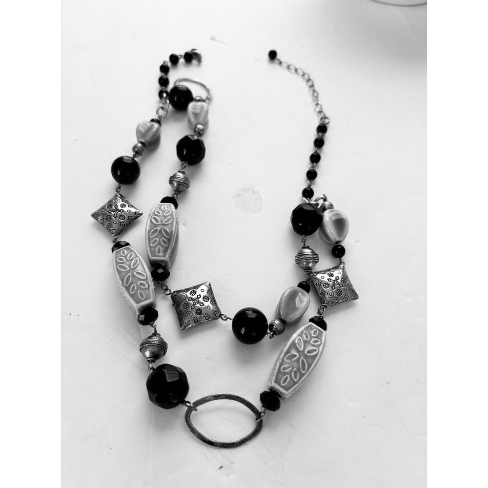 Chunky Black Silver Tone Statement Necklace Boho Artisan Mixed Bead